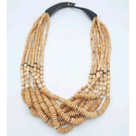 Vintage Multi-Strand Shell and Bone 23" Necklace With Polished Horn Hook Closure - Picture 3 of 5